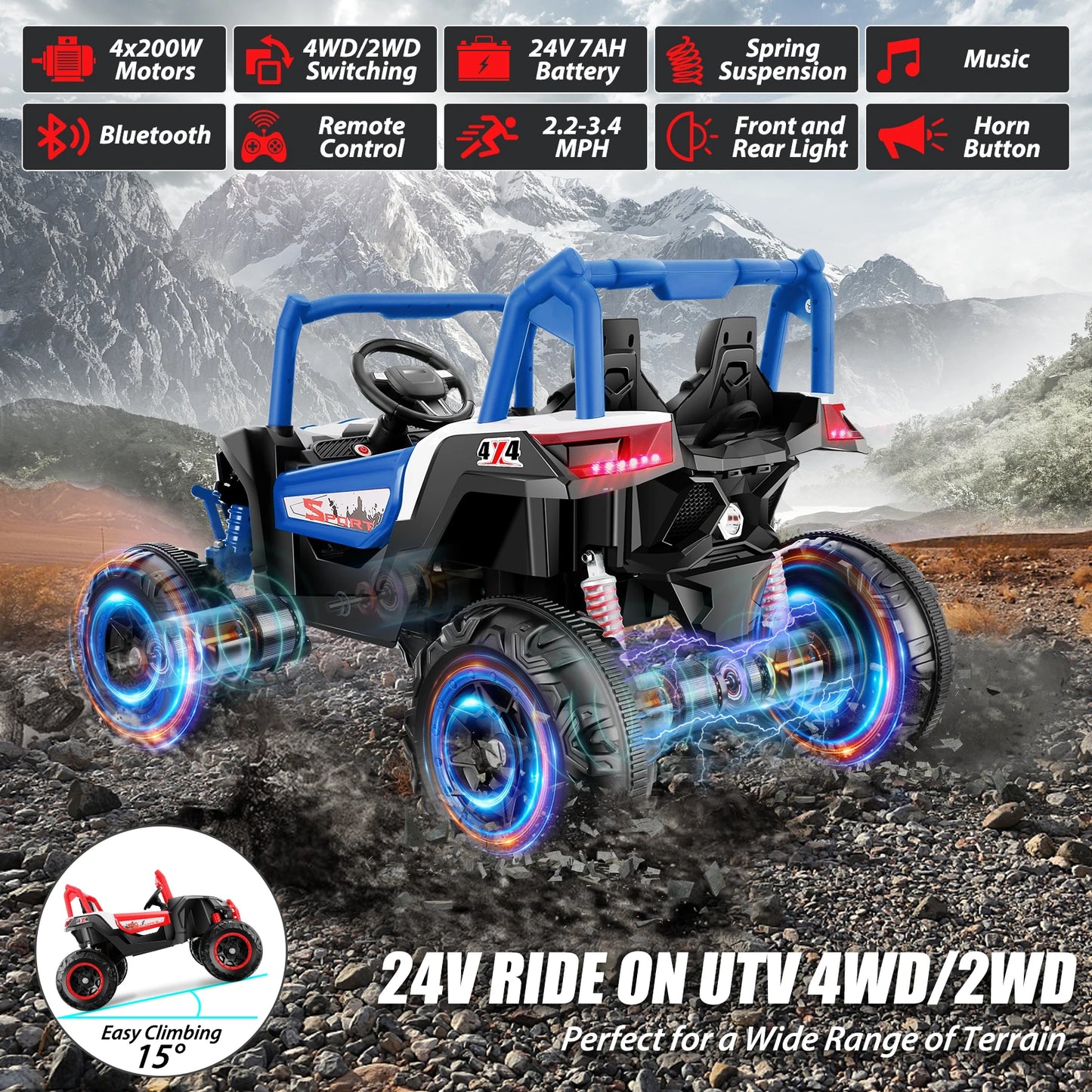 4WD 24V Ride on Toys 2 XL Seater Kids Ride on Cars, 4*200W Motor, Electric Off-Road UTV 7AH Battery Powered 4-Wheeler Vehicle