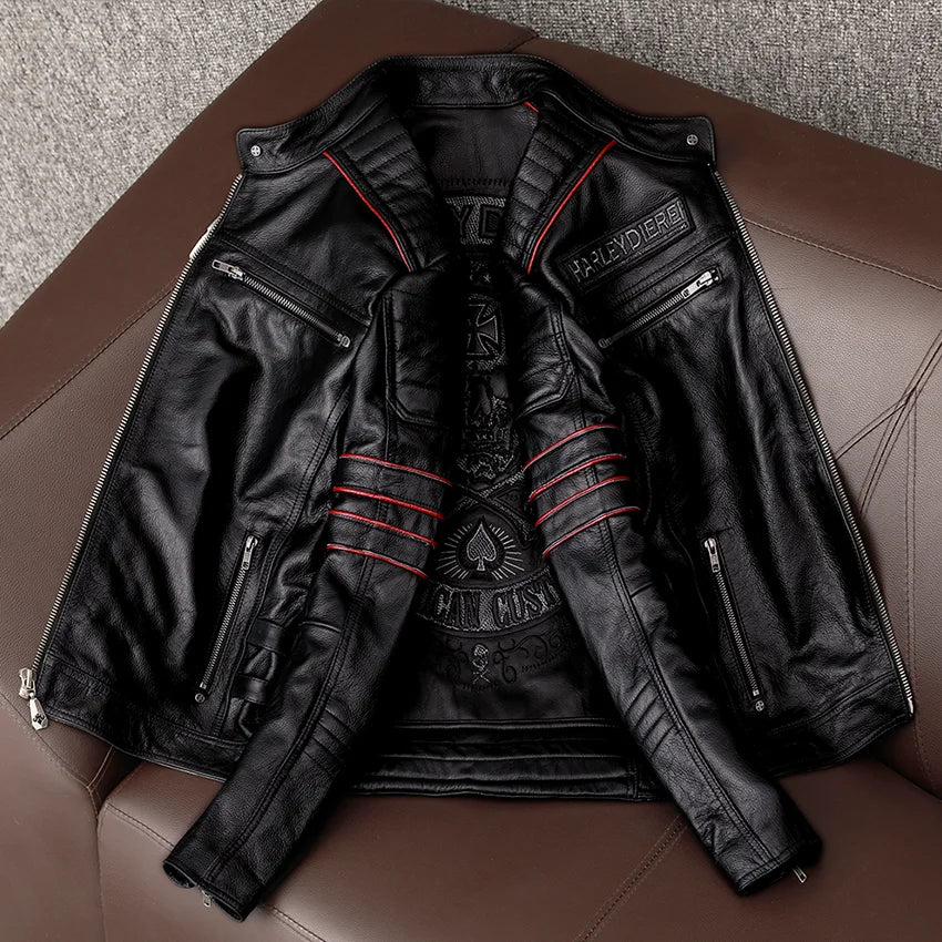 Men's Spring Original Leather Motorcycle Jacket Skull Embroidery Top Layer Cowhide