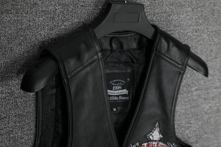 Mens Genuine Leather Motorbike Motorcycle Biker Waistcoat Side Laced Black Vest Skull Embroidery Patch Cowhide Sleeveless Jacket