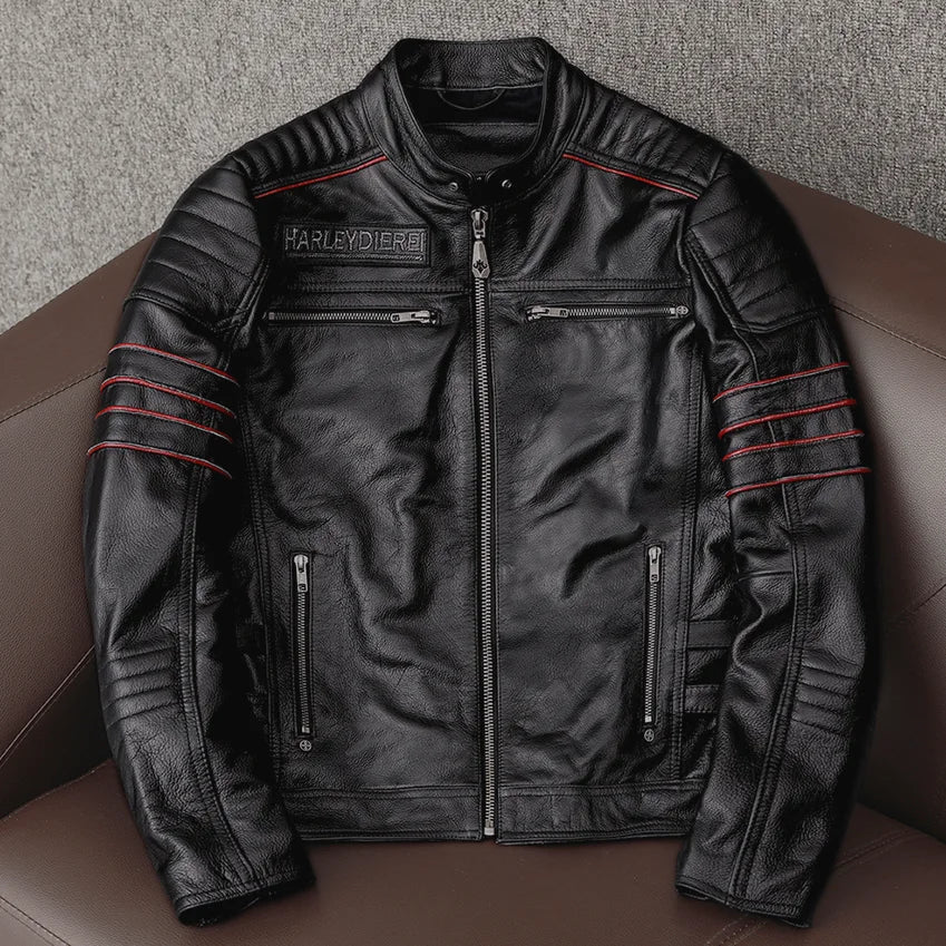 Men's Spring Original Leather Motorcycle Jacket Skull Embroidery Top Layer Cowhide