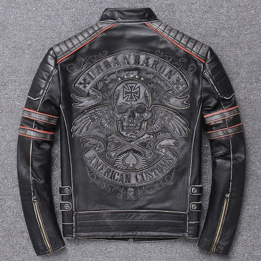Men's Women's Genuine Cowhide Leather Jacket Black Embroidery Skull Motorcycle Leather Jackets 100% Cowhide