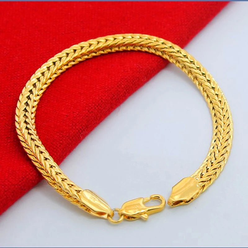 Wholesale Pure Gold Color 6.5MM Width Bracelet For Men 20CM.Fashion Original 24k GP Women men's Jewelry Gift