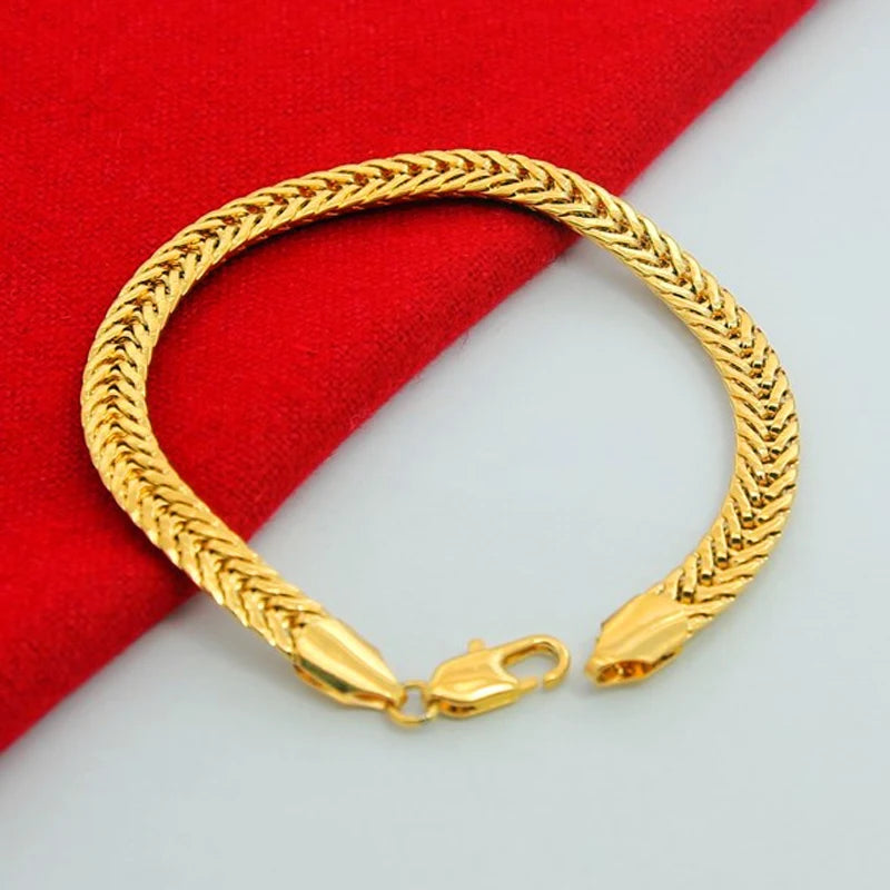 Wholesale Pure Gold Color 6.5MM Width Bracelet For Men 20CM.Fashion Original 24k GP Women men's Jewelry Gift