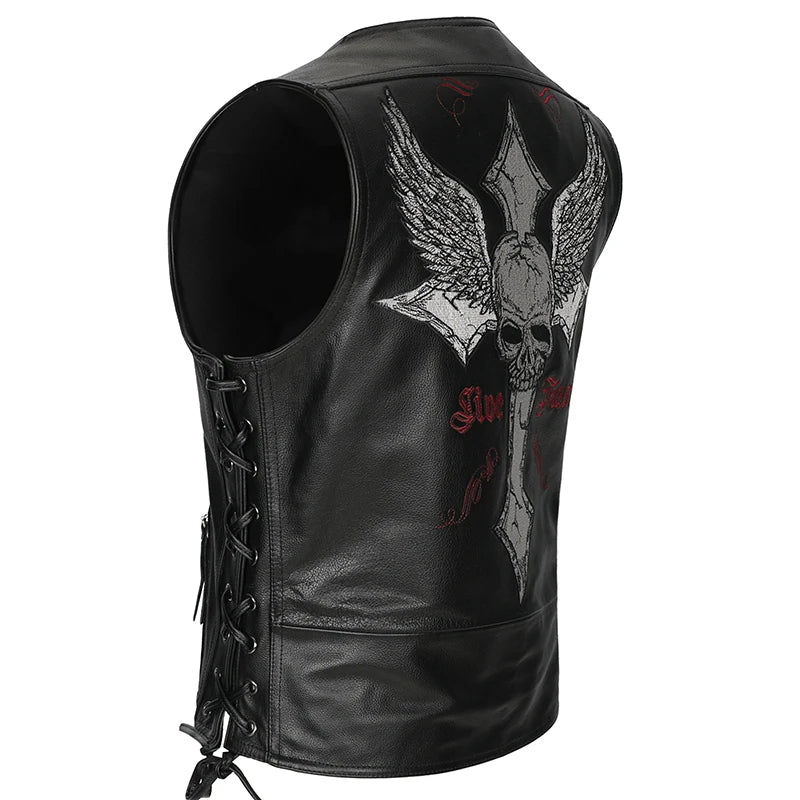 Mens Genuine Leather Motorbike Motorcycle Biker Waistcoat Side Laced Black Vest Skull Embroidery Patch Cowhide Sleeveless Jacket