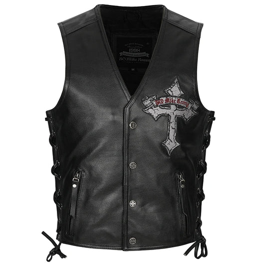 Mens Genuine Leather Motorbike Motorcycle Biker Waistcoat Side Laced Black Vest Skull Embroidery Patch Cowhide Sleeveless Jacket