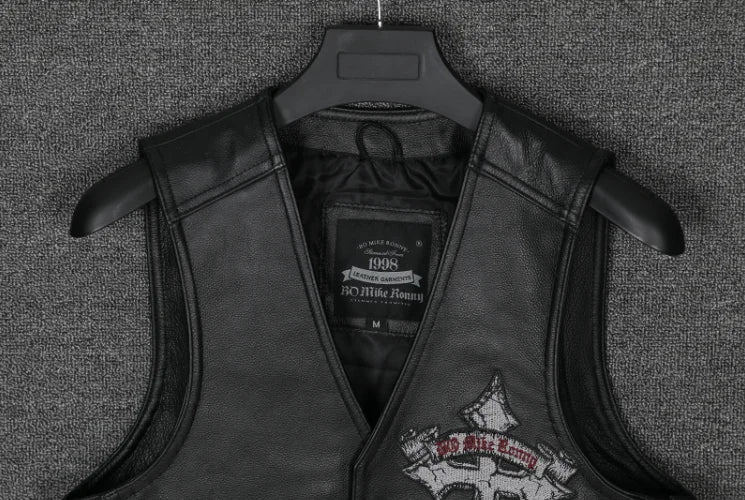 Mens Genuine Leather Motorbike Motorcycle Biker Waistcoat Side Laced Black Vest Skull Embroidery Patch Cowhide Sleeveless Jacket