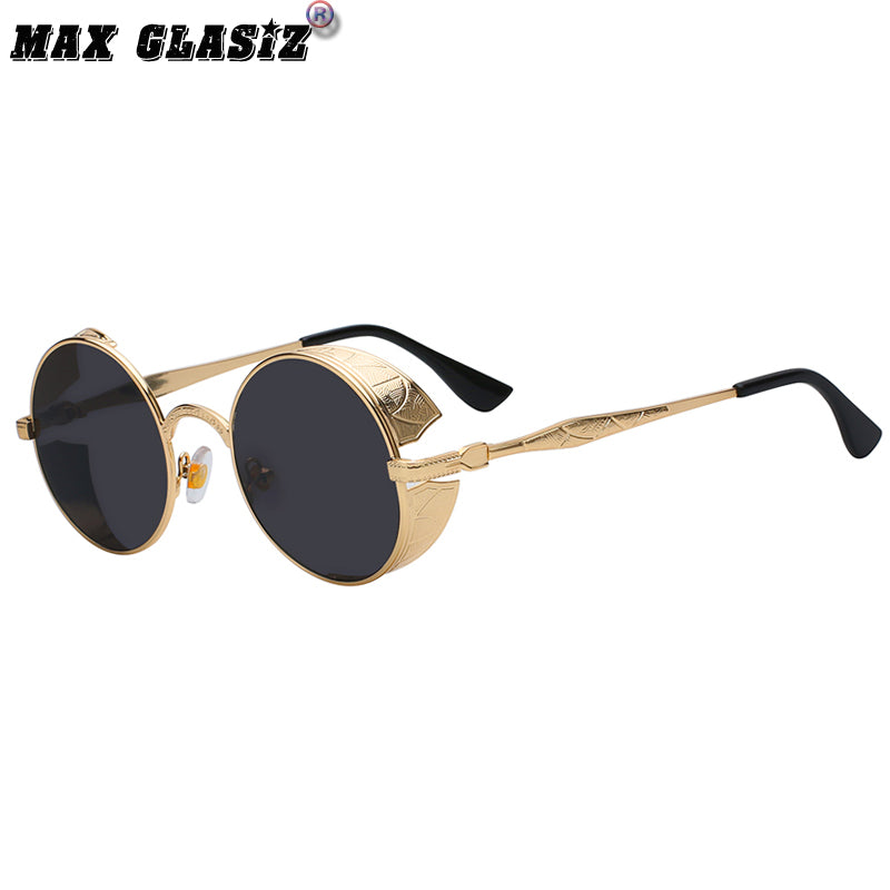 European and American Retro Sunglasses round Frame Chamfered Sunglasses Metal Pattern Reengraved Glasses Frame Steampunk Glasses