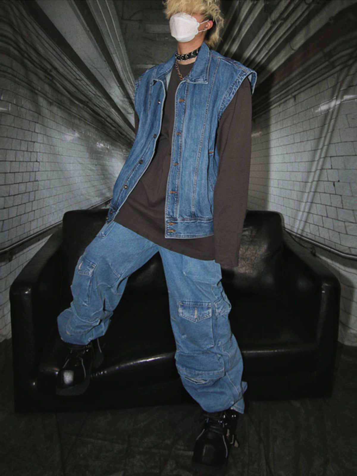 Hip-Hop Multi-Pocket Stacked Washed Jeans