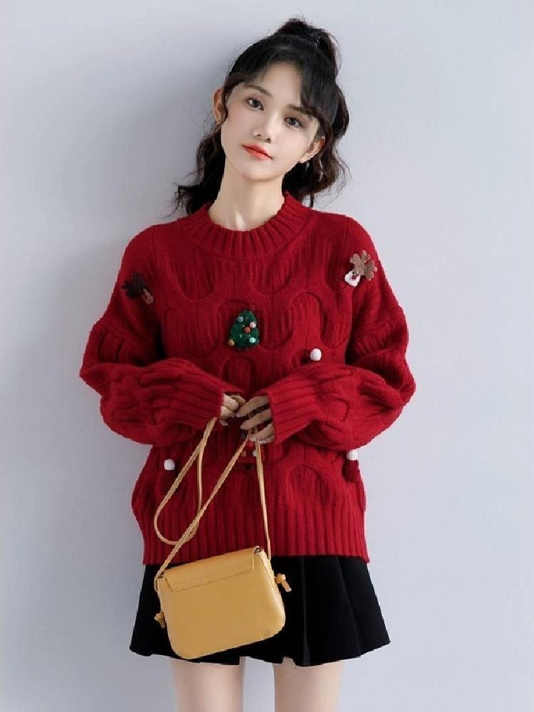 Autumn and Winter Three-Dimensional Knitted Long Sleeve Sweater Student Christmas