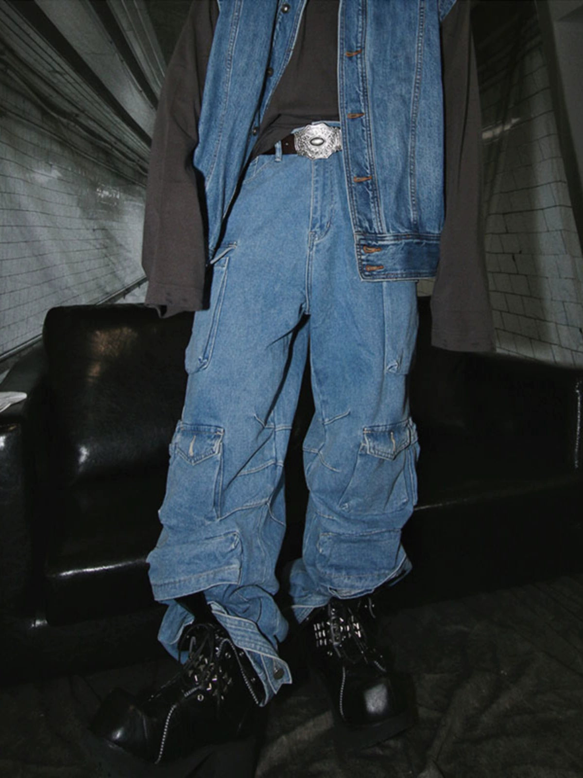 Hip-Hop Multi-Pocket Stacked Washed Jeans