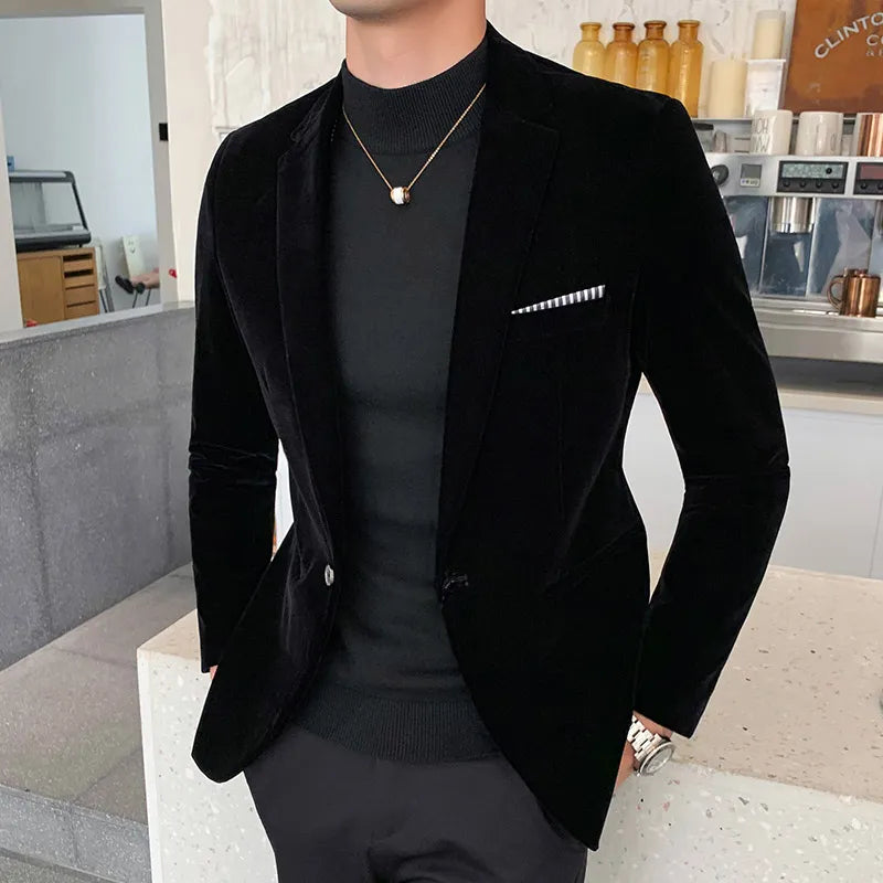 Men's  Fashion Velvet Blazer Casual Suit