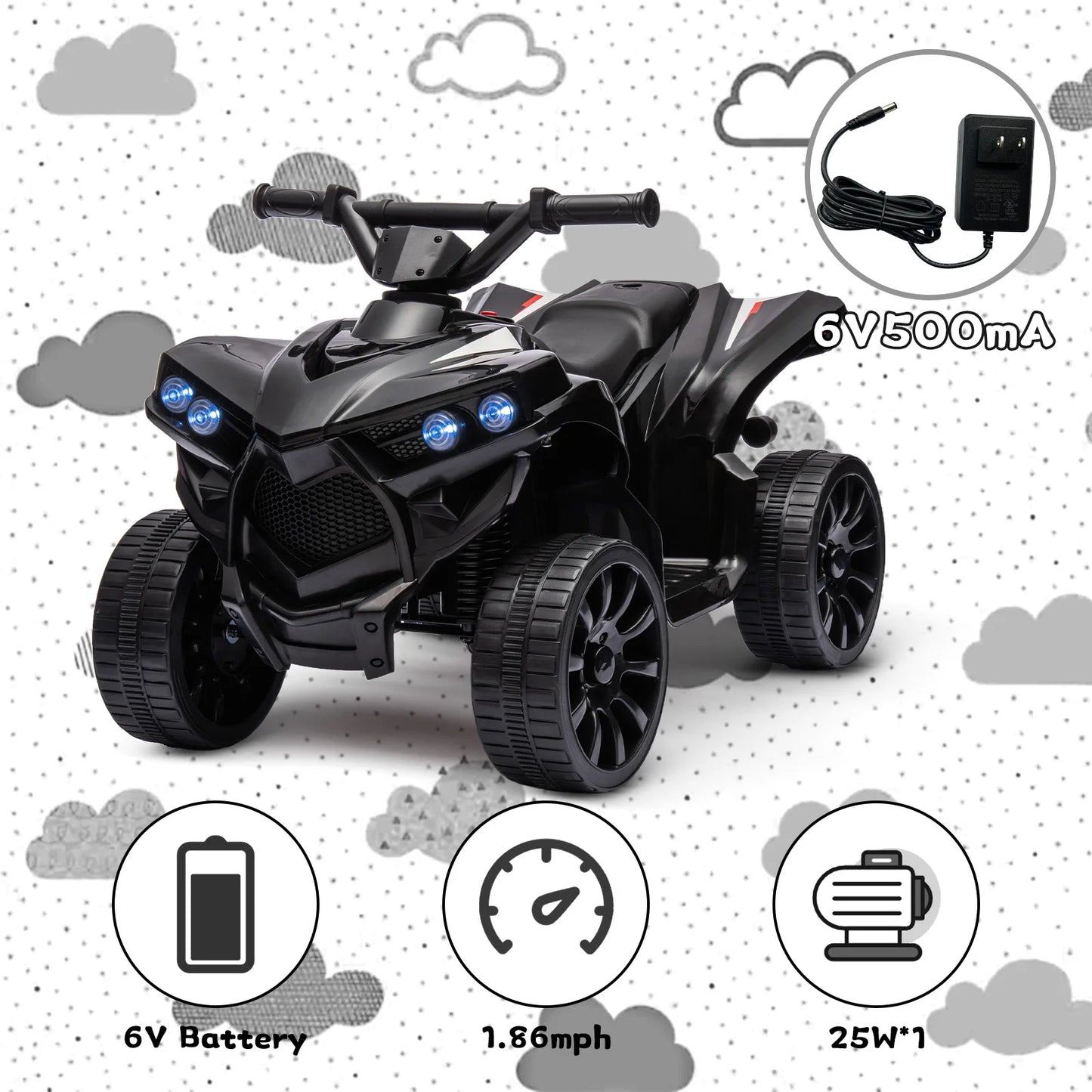 Kids 6V ATV, Ride on Quad Car Toy with LED Lights, Music, Foot Pedal Wear-Resistant Wheels, Battery Powered Electric Vehicle