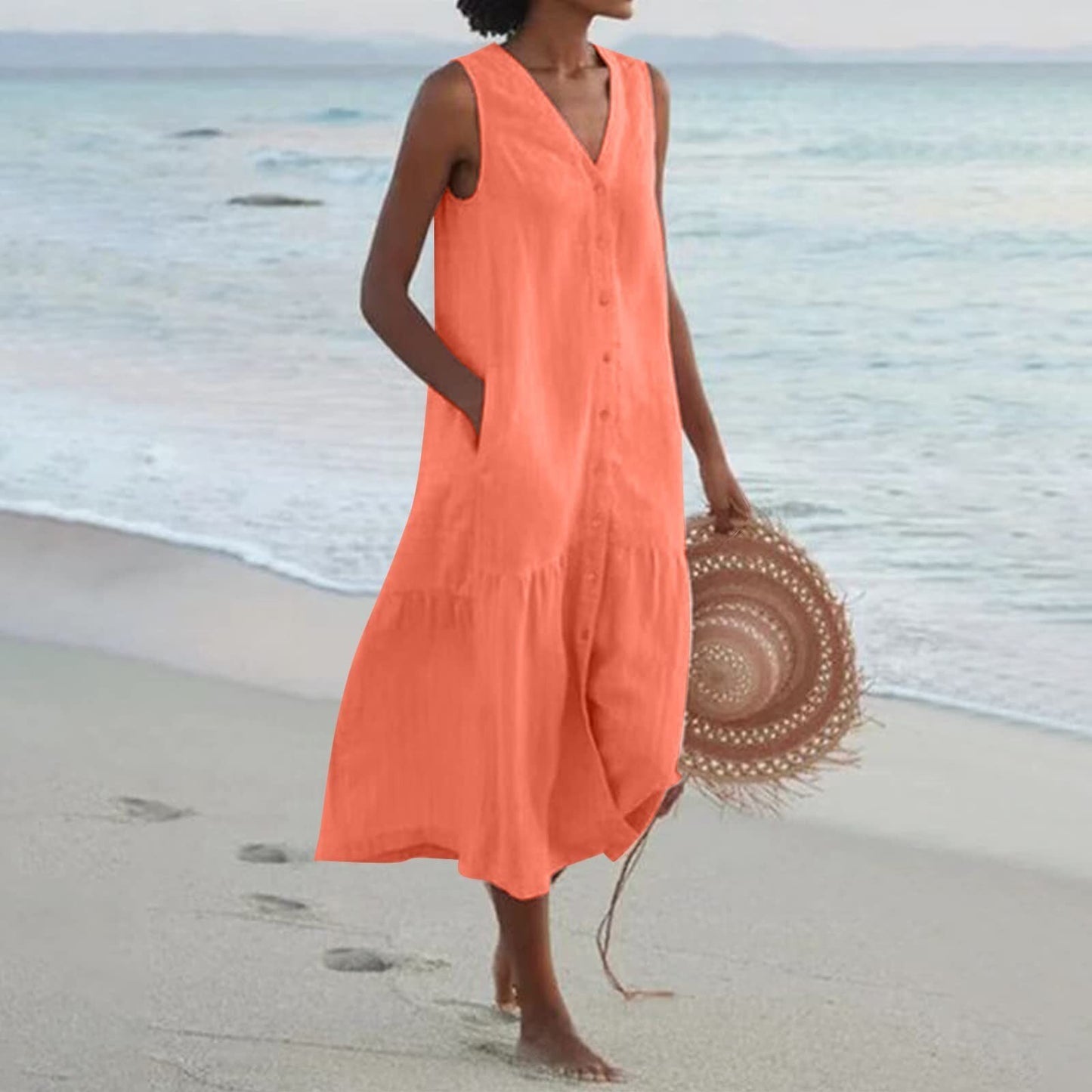 2023 Summer Women Elegant Solid Sleeveless V Neck  Cotton Linen Loose Sundress With Pockets