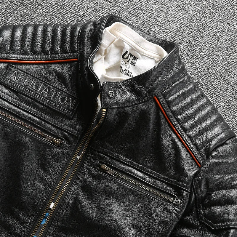 Men's Women's Genuine Cowhide Leather Jacket Black Embroidery Skull Motorcycle Leather Jackets 100% Cowhide