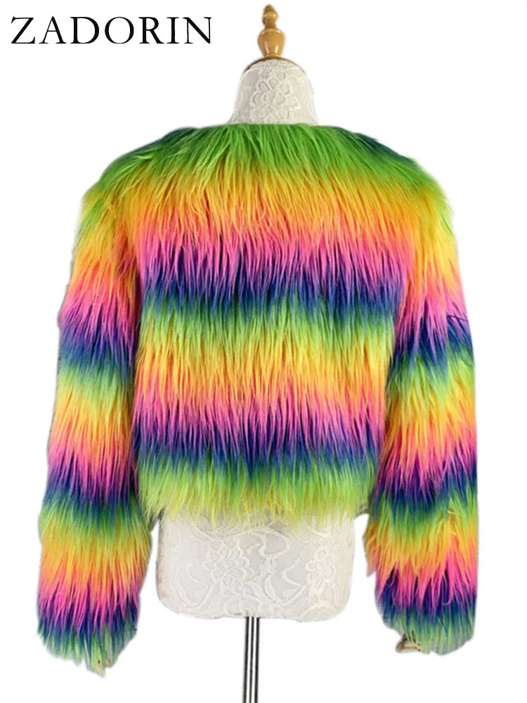 ZADORIN 2024 Fashion Colorful Rainbow Hairy Faux Fur Coat Women Crop Top
