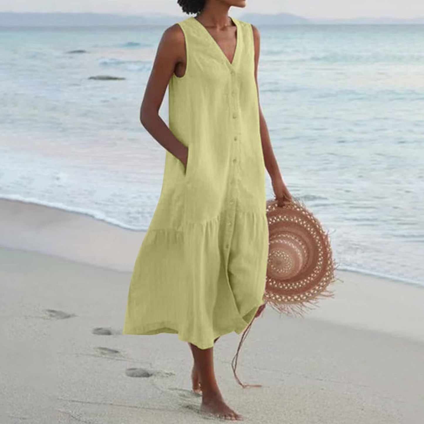 2023 Summer Women Elegant Solid Sleeveless V Neck  Cotton Linen Loose Sundress With Pockets