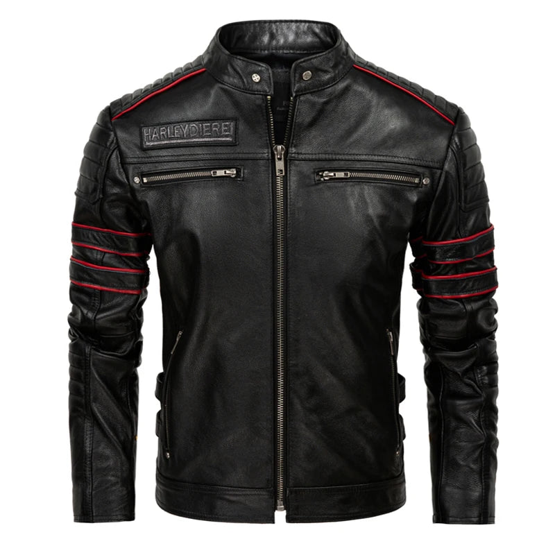 Black Skulls Embroidery Spring Men's Jacket Motorcycle Style Plus Size 6XL Natural Cowhide Autumn Slim Fit Genuine Leather Coats