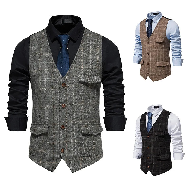 Vintage Men's Suit Plaid Vest Wool Tweed  Vest