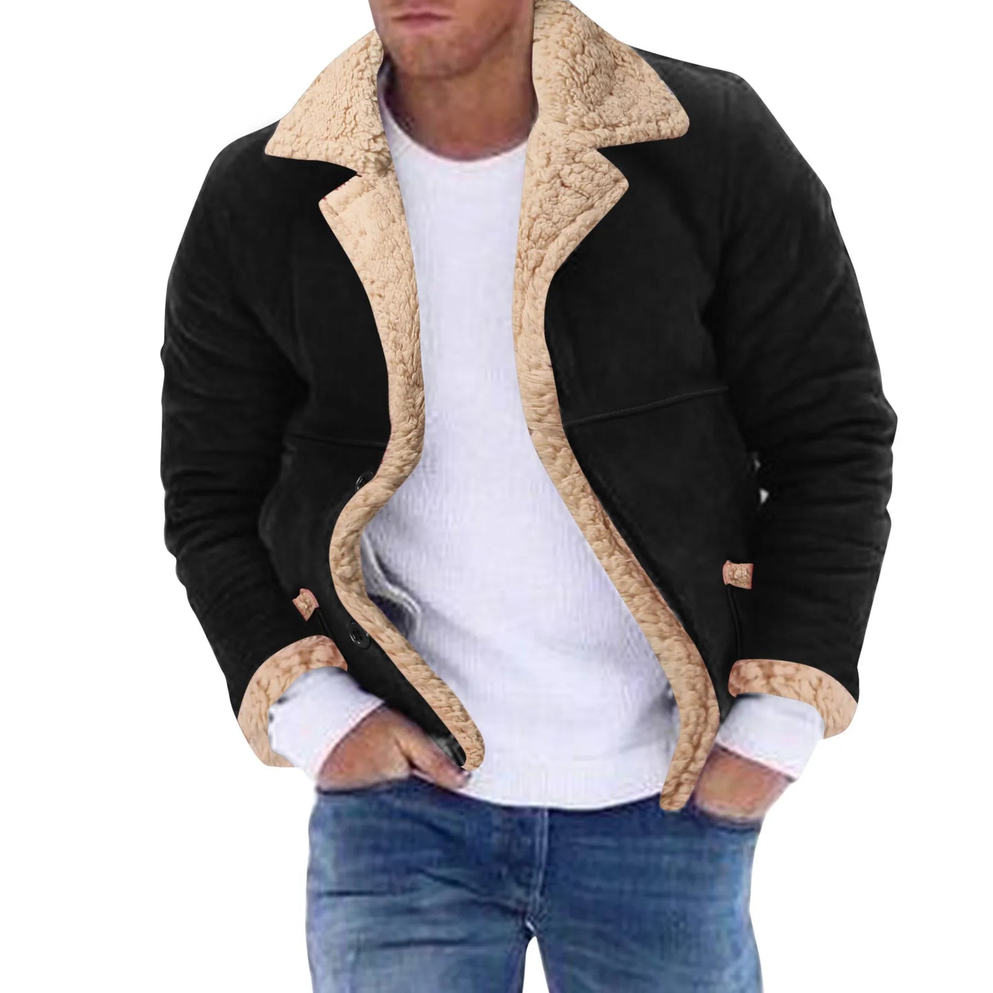 Men Plus Size Winter Coat Lapel Collar Long Sleeve Padded Leather Jacket Vintage Thicken Coat Sheepskin Jacket with Hood for Men