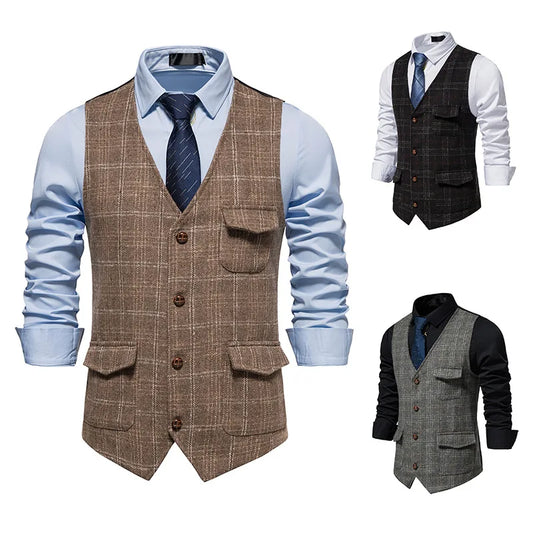 Vintage Men's Suit Plaid Vest Wool Tweed  Vest