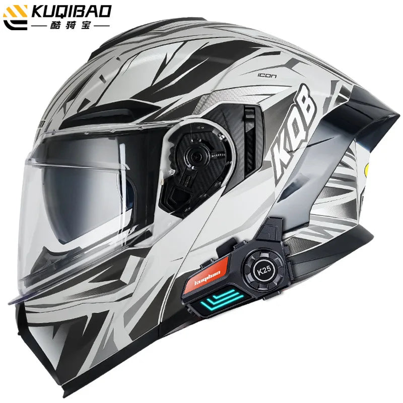 KUQIBAO Motorcycle Helmet Flip Up Helmet Bluetooth Anti-fog Double Lens Full Face Helmet DOT Certification Casco Moto Motocross