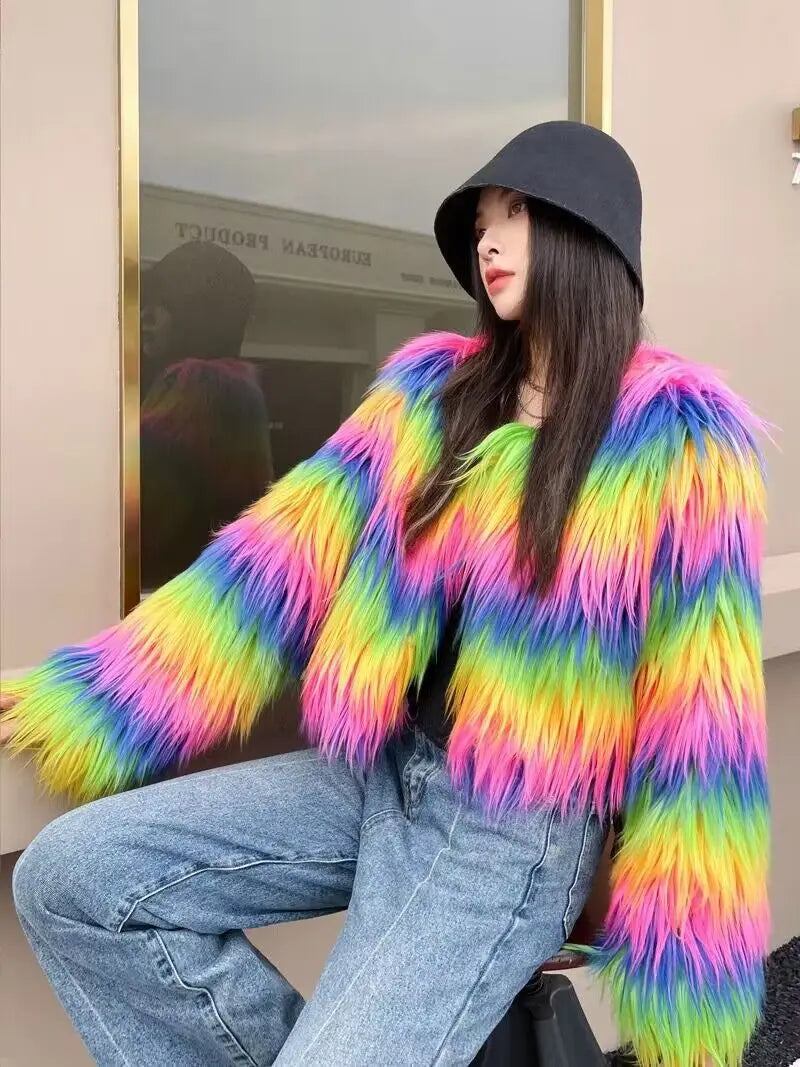 ZADORIN 2024 Fashion Colorful Rainbow Hairy Faux Fur Coat Women Crop Top