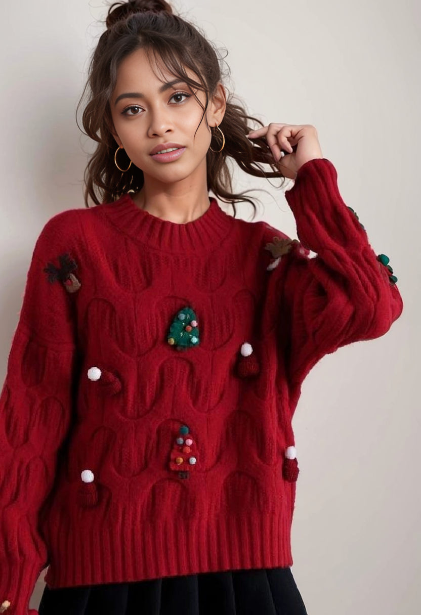 Autumn and Winter Three-Dimensional Knitted Long Sleeve Sweater Student Christmas