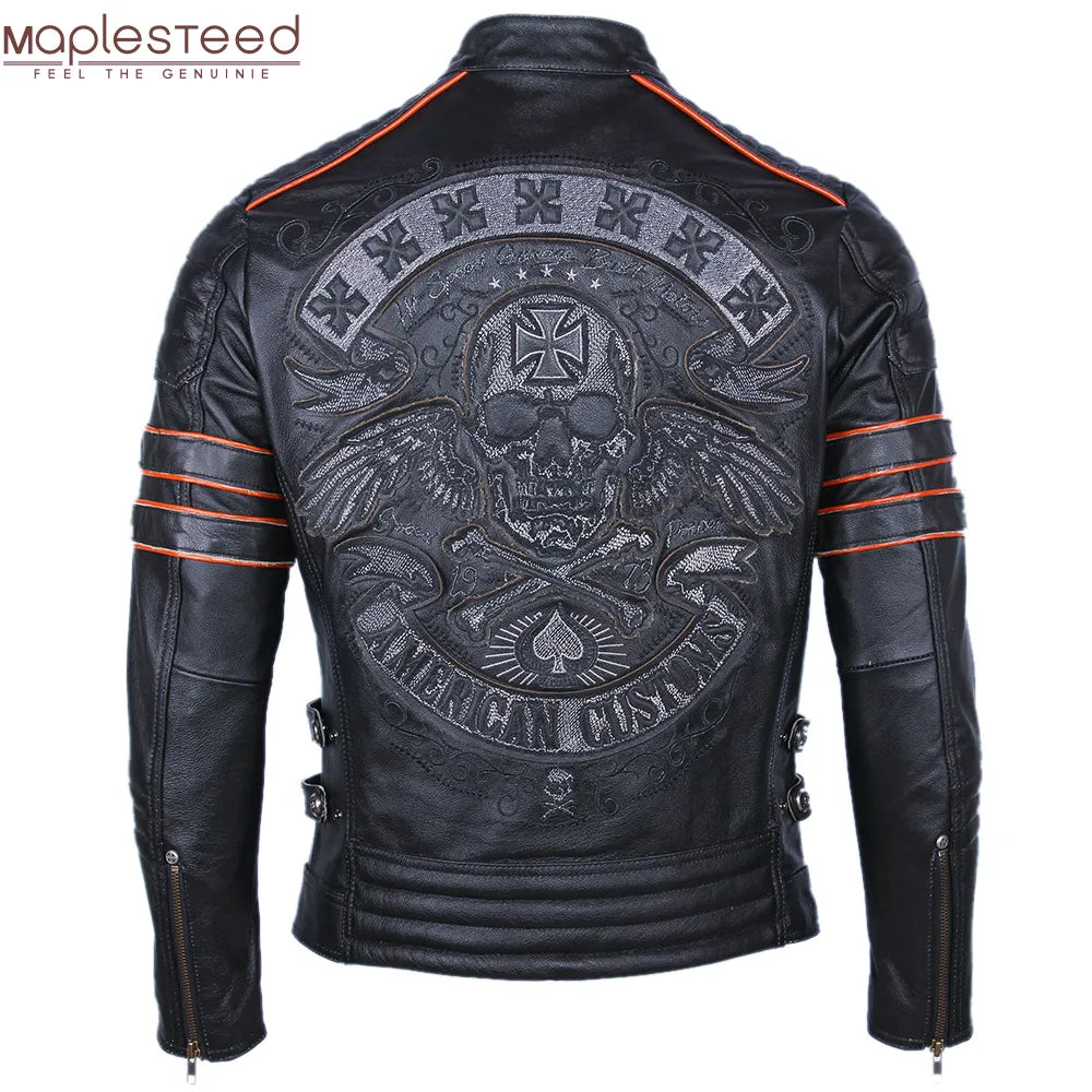 Black Embroidery Skull Motorcycle Leather Jackets 100% Natural Cowhide