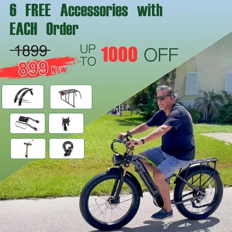 Electric Bike for Adult 1000W Ebike 48V 30AH Removable Battery 26"X4"Fat Tire up to 30MPH &120 Miles