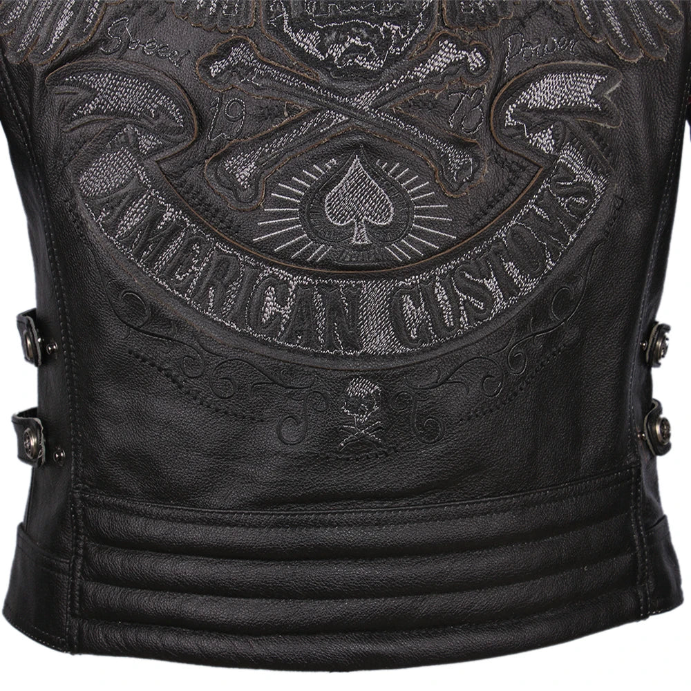 Black Embroidery Skull Motorcycle Leather Jackets 100% Natural Cowhide