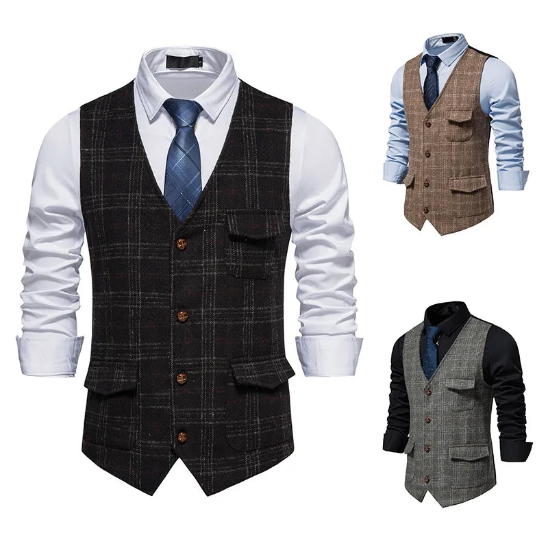 Vintage Men's Suit Plaid Vest Wool Tweed  Vest