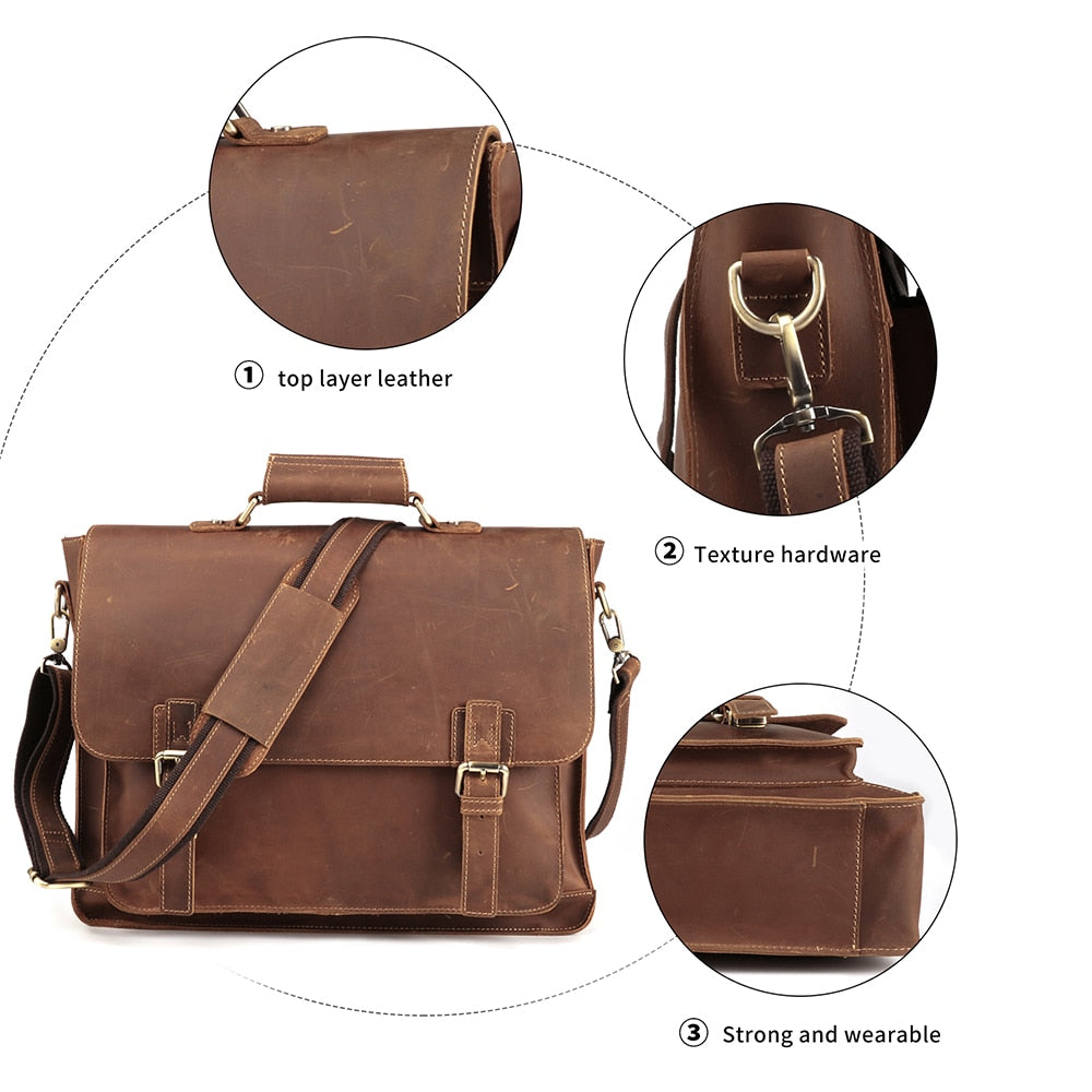 Business Briefcase: Crazy Horse Leather Shoulder Portfolio; Fits 15" Laptop Messenger Shoulder Business Office Handbag - adamshealthstore