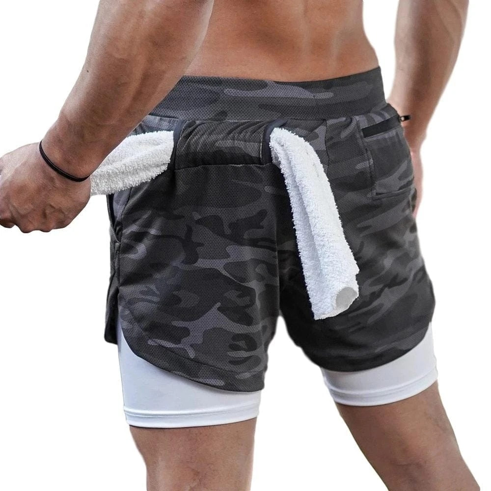 Pocket Running Shorts Men 2 In 1 Camo Double Layer Sportswear Quick Dry Fit Joggers Workout Gym Sports Clothing - adamshealthstore