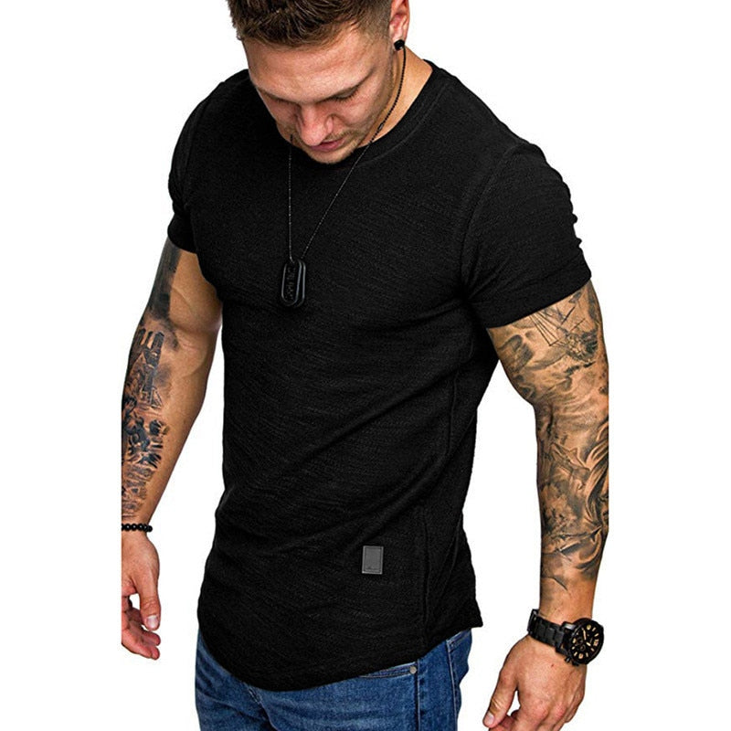 Men&#39;s Casual Fashion Solid o Neck t-Shirt Summer Bodybuilding Sports Running t-Shirt Fitness Short-Sleeve Crossfit Exercise Top - adamshealthstore