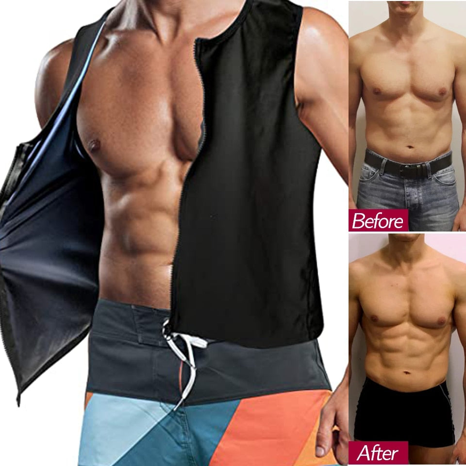 Men Sweat Enhancing Sauna Vest Weight Loss Premium Workout Heat Trapping Zipper Top Gym Fitness Shirt Polymer Waist Trainer - adamshealthstore