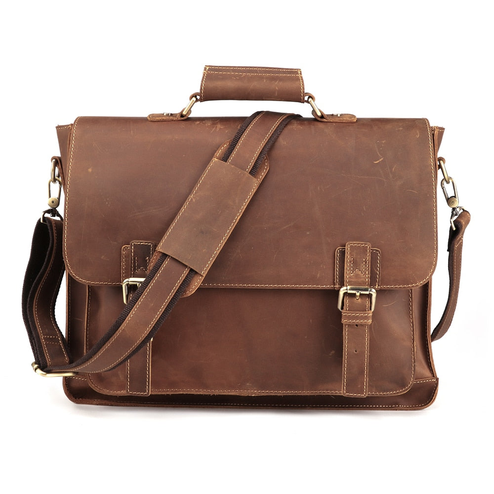 Business Briefcase: Crazy Horse Leather Shoulder Portfolio; Fits 15" Laptop Messenger Shoulder Business Office Handbag - adamshealthstore