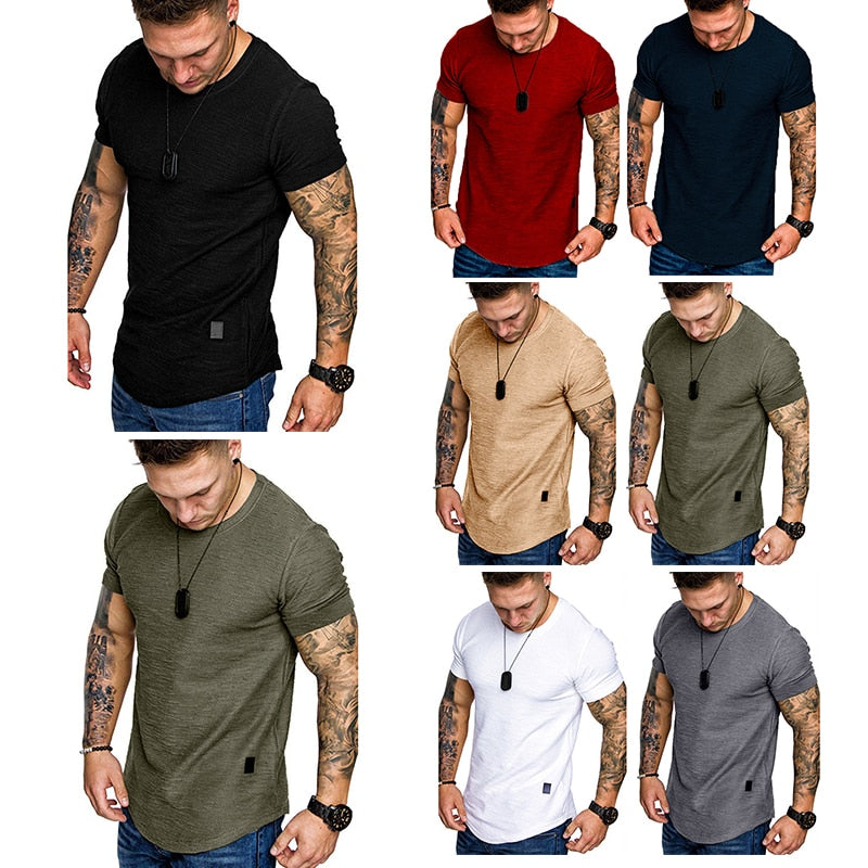 Men&#39;s Casual Fashion Solid o Neck t-Shirt Summer Bodybuilding Sports Running t-Shirt Fitness Short-Sleeve Crossfit Exercise Top - adamshealthstore