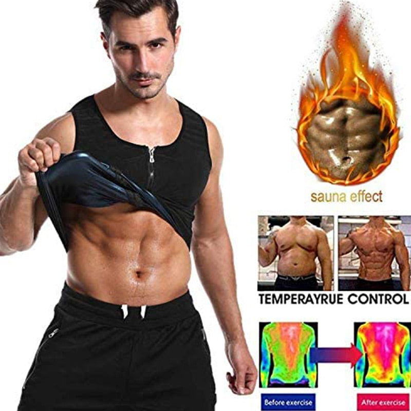 Men Sweat Enhancing Sauna Vest Weight Loss Premium Workout Heat Trapping Zipper Top Gym Fitness Shirt Polymer Waist Trainer - adamshealthstore