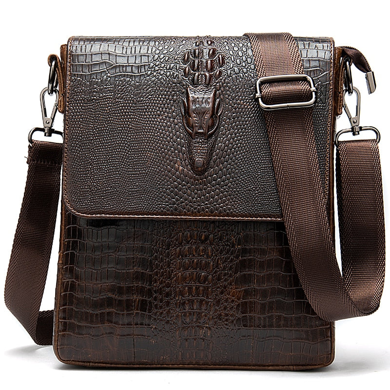 Shoulder Bag for Men Genuine Leather Crocodile Pattern Vintage Crossbody Bag for Men Flap Zipper Messenger Bag - adamshealthstore