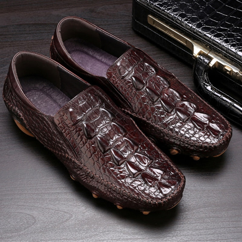 Phenkang Mens Leather Summer Alligator Texture Slip-On Casual Shoes Male loafers Mens Coffee Mens Loafers Driving Shoes - adamshealthstore