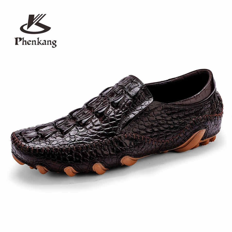 Phenkang Mens Leather Summer Alligator Texture Slip-On Casual Shoes Male loafers Mens Coffee Mens Loafers Driving Shoes - adamshealthstore