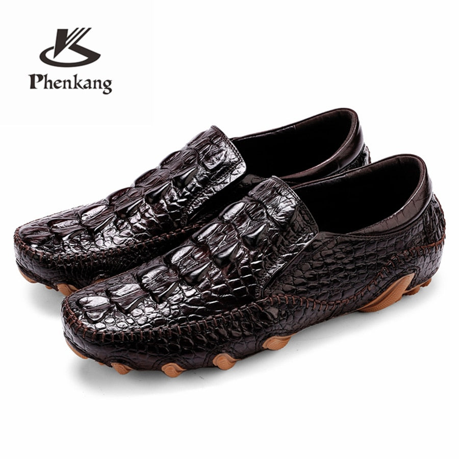 Phenkang Mens Leather Summer Alligator Texture Slip-On Casual Shoes Male loafers Mens Coffee Mens Loafers Driving Shoes - adamshealthstore