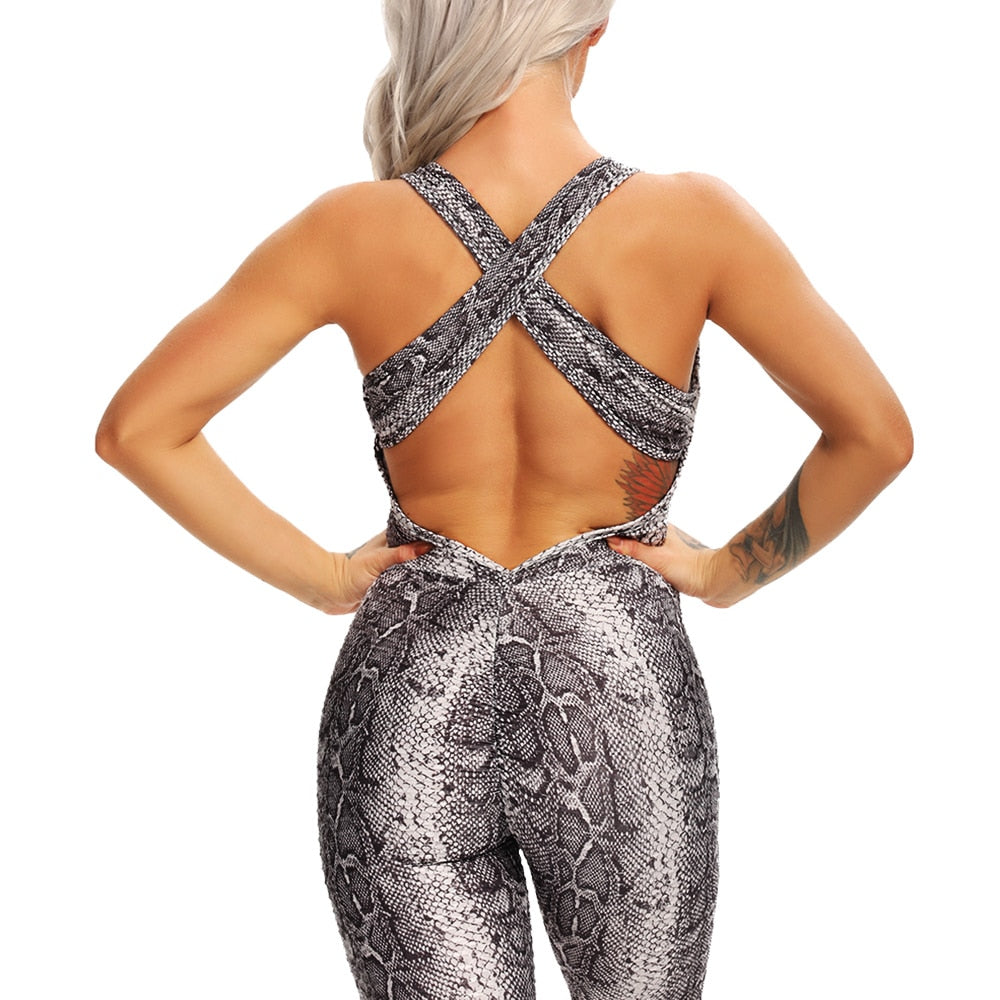 New snake pattern print Women Yoga Set Halter Sports Suit Backless Sexy Yoga Jumpsuit High Waist Hips Trousers Fitness Tracksuit - adamshealthstore