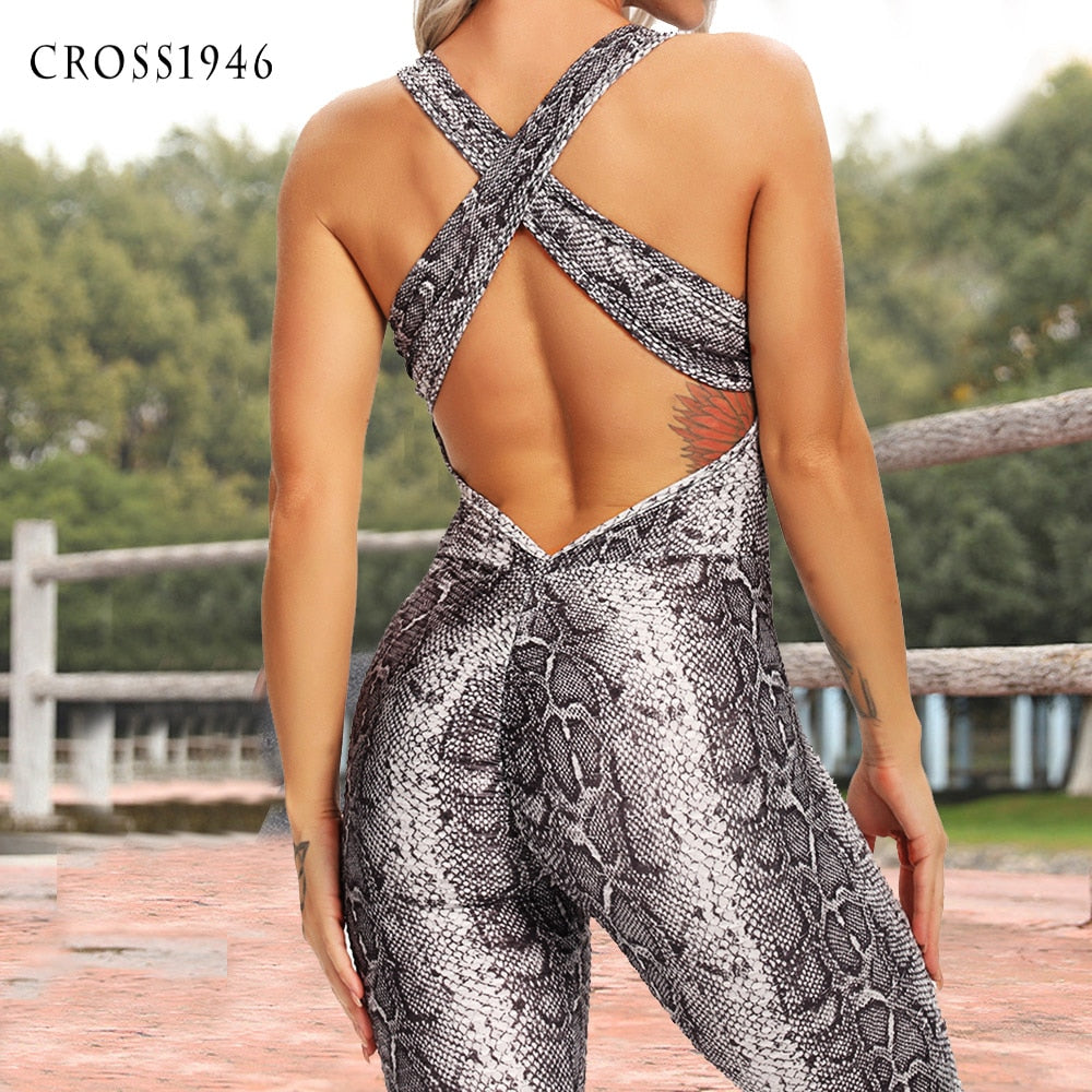 New snake pattern print Women Yoga Set Halter Sports Suit Backless Sexy Yoga Jumpsuit High Waist Hips Trousers Fitness Tracksuit - adamshealthstore