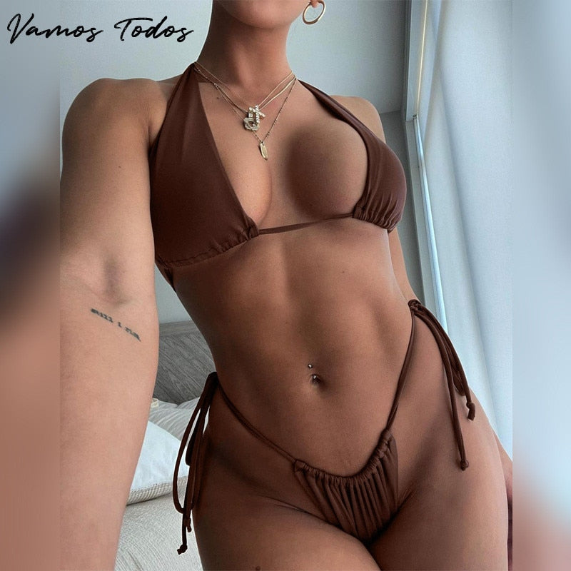 Vamos Todos 2021 Summer Brown String Bikini 2 Piece Set Women Sexy Beach Outfit Bathing Swimming Suit Hot Swimsuit Free Size