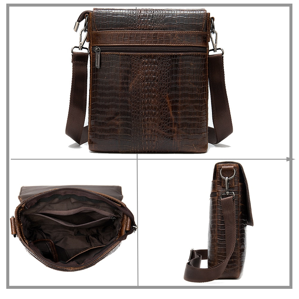 Shoulder Bag for Men Genuine Leather Crocodile Pattern Vintage Crossbody Bag for Men Flap Zipper Messenger Bag - adamshealthstore