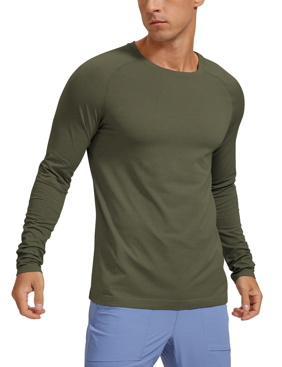 YOGA  US Warehouse Mens Seamless Long Sleeve Tee Shirts Moisture Wicking Workout Athletic Running Shirts Breathable Gym Tops - adamshealthstore