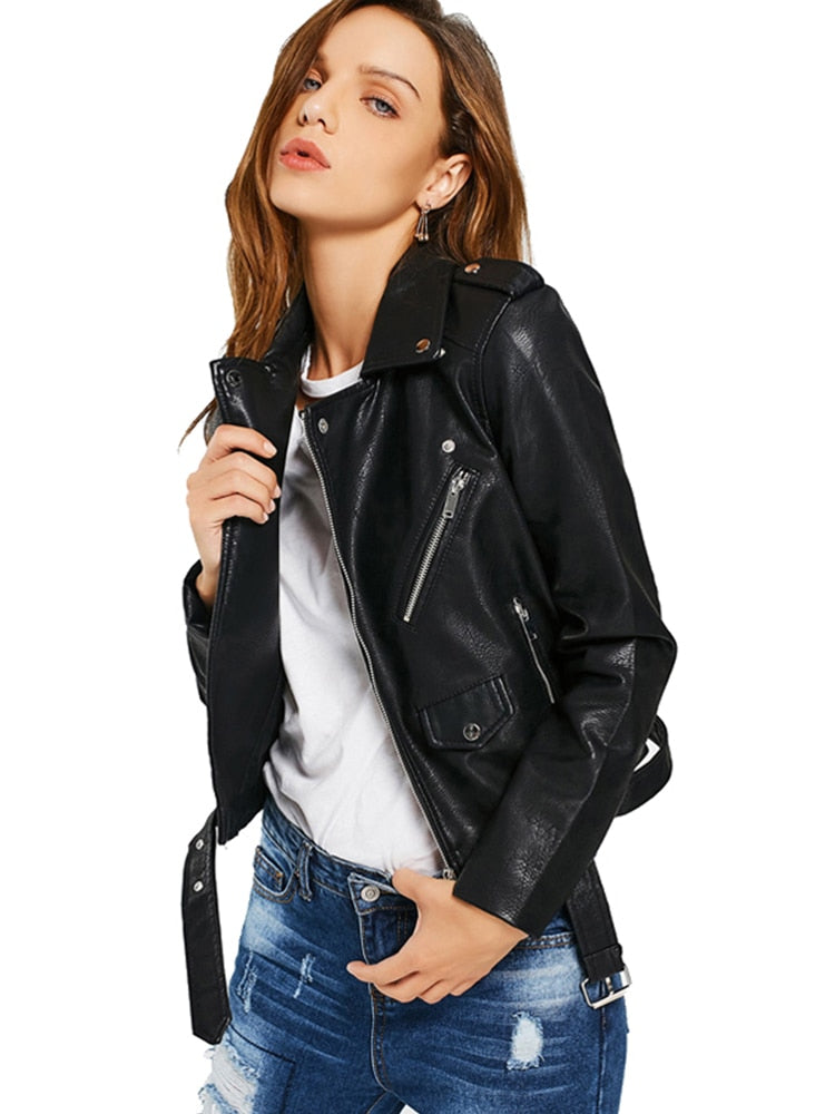 Women's Fashion Faux Leather Jacket  Four Bright Colors and Black Motorcycle Coats