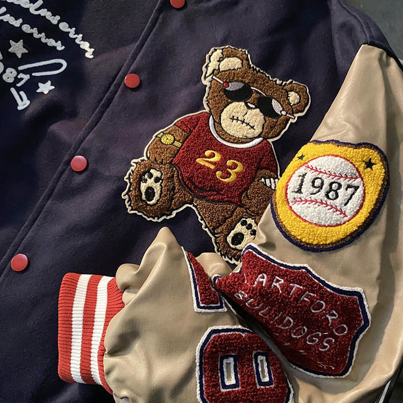 Retro bear embroidered baseball Bomber Jacket men and women: 12 New Styles