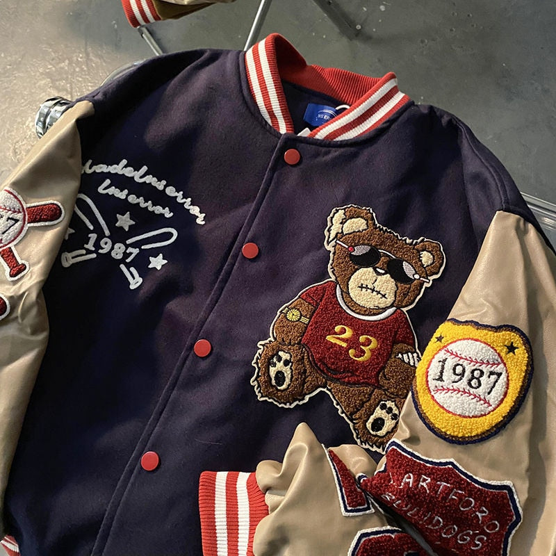 Retro bear embroidered baseball Bomber Jacket men and women: 12 New Styles